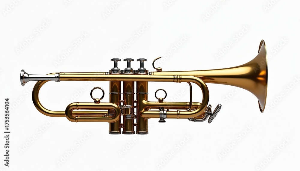 Fototapeta premium Shiny gold trumpet sits on white background. Brass wind instrument ready for playing loud sound. Symbol of jazz, classical, orchestra genres. Item represents music celebration, performance, melody,