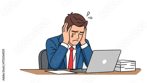 Stressed employee suffering from job burnout, crying in frustration at office workstation due to overwhelming tasks
