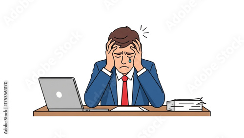 Frustrated Businessman at Desk with Papers and Laptop Feeling Stressed