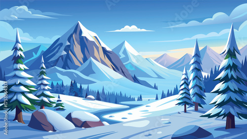 snowy landscape poster with pine trees vector.