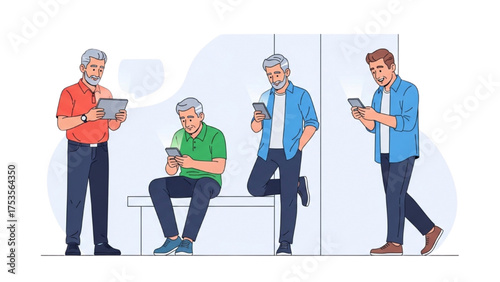 Illustration of mature and young men using smartphones and tablets for digital communication