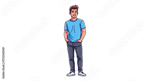 Cheerful young man standing casually with hands in pockets, a friendly and approachable character illustration