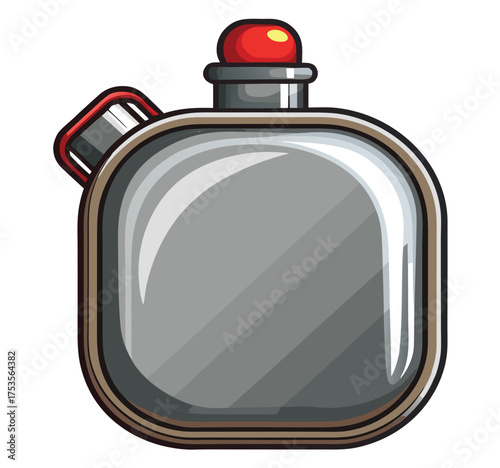 A detailed cartoon illustration of a shiny, metallic water canteen with a red cap, perfect for outdoor adventures and survival scenarios, ready to quench thirst on hiking trails