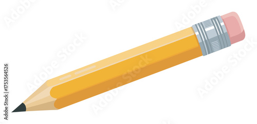 Yellow wooden pencil with a pink eraser and a sharpened graphite tip, lying at an angle on a white background.
