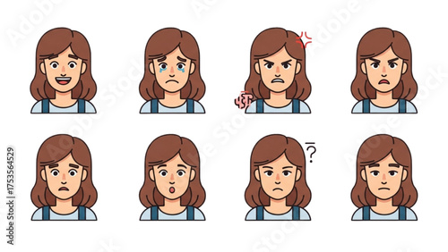 Various Expressions of a Woman A Set of Cartoon Facial Expressions
