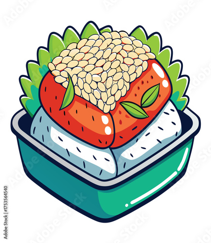 Deliciously vibrant bento box illustration featuring a hearty meal of fluffy white rice, a savory protein item, and fresh green garnishes, perfect for a quick and wholesome lunch or dinner