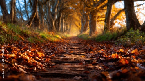 A picturesque autumn scene features a winding pathway lined with trees, blanketed in vibrant fallen leaves, creating a serene and inviting atmosphere for walkers.