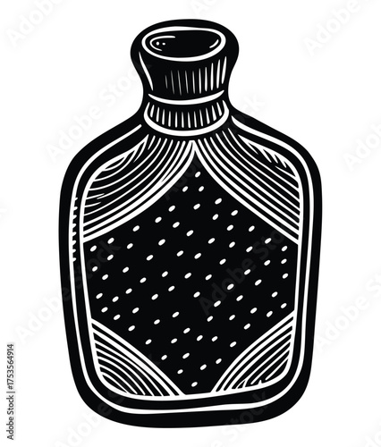 The image features various bottles and containers like a wine bottle, perfume bottle, and water bottle, as well as a glass, isolated as a vector illustration for drink or liquid concepts