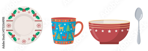 Festive dinnerware set featuring a holiday-themed plate, a colorful mug with reindeer patterns, a red bowl adorned with stars, and a silver spoon.