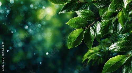 A serene close-up of water droplets resting on lush green leaves, symbolizing freshness, vitality, and the beauty of nature after a rejuvenating rain shower.