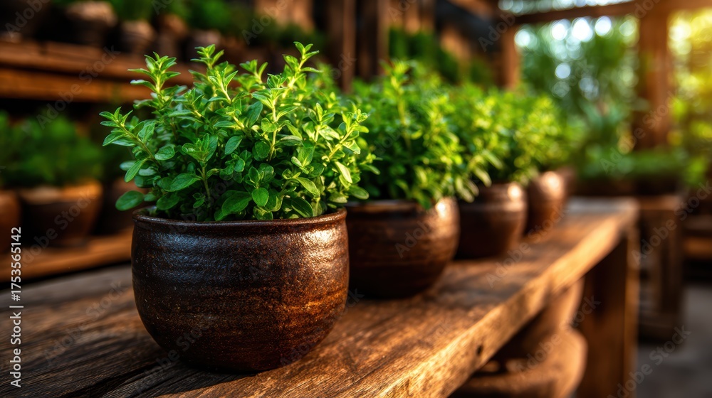 Fototapeta premium Neatly arranged pots of fresh oregano placed on a rustic wooden table, showcasing vibrant green herbs, perfect for enhancing culinary dishes with aromatic flavor.