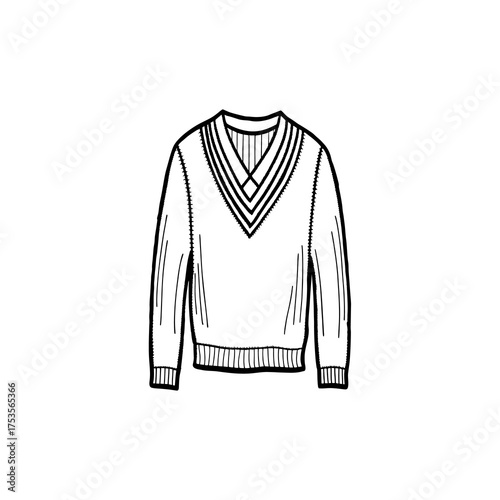 Hand-drawn illustration of a classic V-neck sweater with ribbed detailing, perfect for fashion or design projects