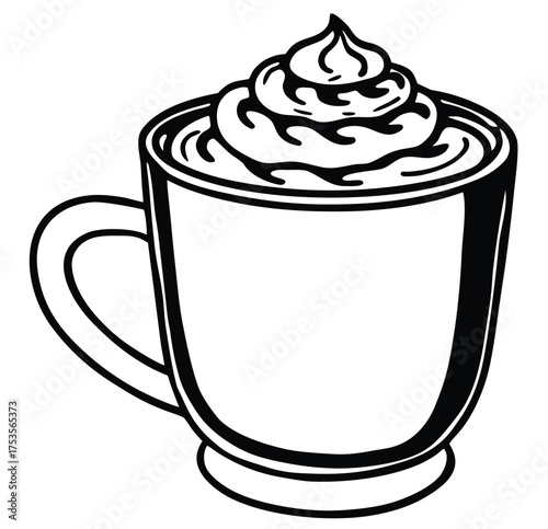 Stylized monochrome illustration of a comforting hot beverage in a classic mug, generously topped with a decadent swirl of whipped cream, embodying warmth and cozy relaxation for delightful indulgence