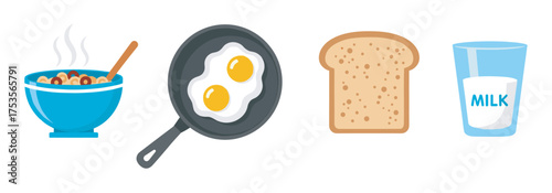 Blue bowl of steaming oatmeal with a spoon, frying pan with sunny side up eggs, a slice of bread, and a glass of milk on a white background.