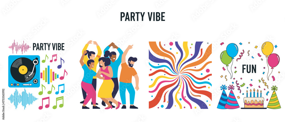 Fototapeta premium Colorful party-themed collage with diverse group of dancing people, vibrant abstract patterns, musical icons, and festive decorations.
