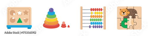 Four colorful educational toys including a shape sorter, stacking rings, abacus, and animal puzzle, designed to enhance children's learning and motor skills.