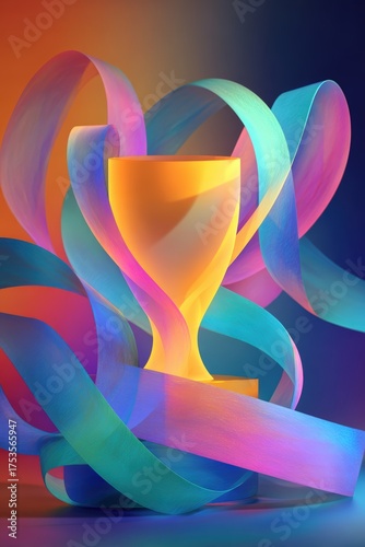 Vibrant Digital Illustration of Ribbons Swirling Around a Glowing Trophy