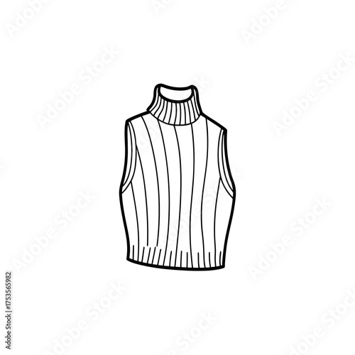 Hand-drawn sleeveless turtleneck sweater icon. Black and white line art sketch of a cozy ribbed knit top isolated on a white background