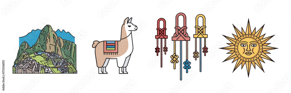 Obraz premium Illustrated icons featuring machu picchu, a colorful llama, traditional peruvian sling shots, and a radiant sun with a human face.