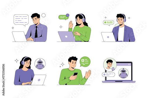 Vector art of illustrations of customer service representatives providing online support, engaging with customers through chat, video calls, and ai chatbots, showcasing digital communication