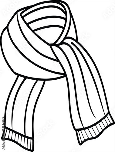 A simple black and white line art illustration of a warm striped winter scarf, an icon representing cozy neckwear and cold weather clothing