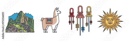 Illustrated icons featuring machu picchu, a colorful llama, traditional peruvian sling shots, and a radiant sun with a human face.