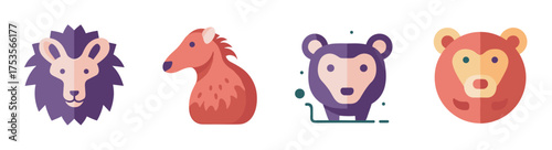 Colorful and stylized cartoon animal heads including a lion, horse, bear, and another bear with abstract features.