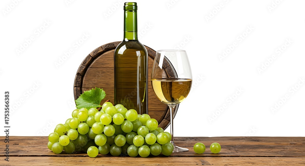 Obraz premium Green grapes, wine barrel, bottle, and glass on wooden table cutout.
