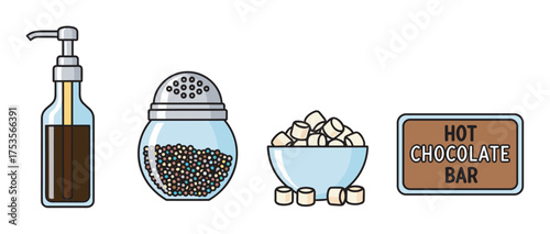 Illustrated icons of a syrup pump, a jar of chocolate powder, a bowl of marshmallows, and a sign labeled "hot chocolate bar.