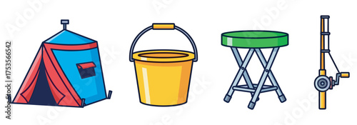 Colorful cartoon icons of a triangular camping tent, a yellow bucket, a green stool, and a fishing rod with a reel on a white background.