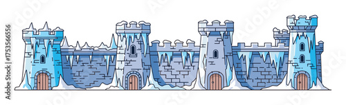 Blue ice fortress with tall towers and pointed icicles covering the walls, resembling a frozen medieval castle in winter.