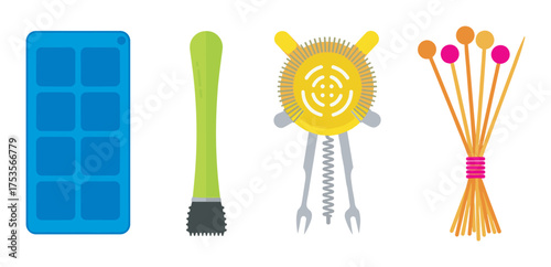 A blue ice cube tray, a green muddler, a yellow cocktail strainer, and a bundle of colorful cocktail sticks arranged in a row.