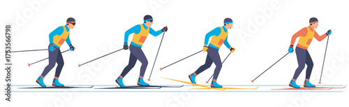 Four male cross-country skiers in colorful outfits glide on skis, demonstrating synchronized movement on a clear day.