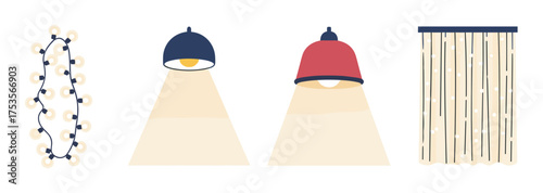 A series of simple lighting elements, including string lights, two pendant lamps with light beams, and a curtain with small lights.