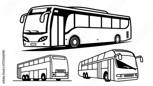 "Collection of bus icons, clean vector lines, solid black shapes on white, modern transportation silhouettes, no texture or shadow."