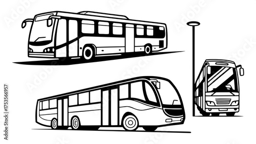 "Collection of bus icons, clean vector lines, solid black shapes on white, modern transportation silhouettes, no texture or shadow."