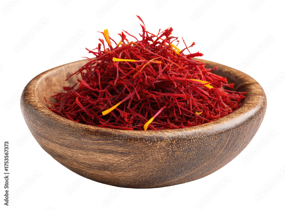 Fototapeta premium Dried saffron threads in a shallow wooden bowl (1)