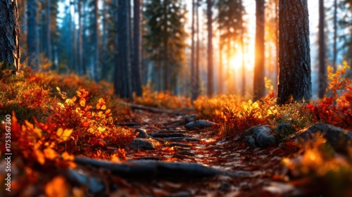 A serene and sunlit pathway in a forest covered in vibrant autumn foliage, illuminating the natural beauty of the changing seasons and inviting exploration and peace.