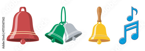 Colorful bells in various sizes and colors alongside blue musical notes, illustrating a festive and musical theme.