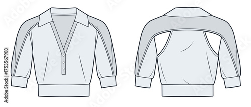Women Top with open back and collar fashion flat sketch. Crop Polo Shirt fashion flat technical drawing template, button placket, half sleeve, front and back view, grey, women, men, unisex CAD mockup.