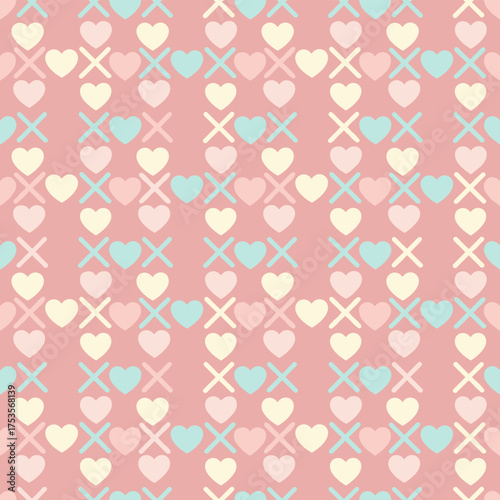 A seamless pattern of hearts and the abbreviation for hugs and kisses, set against a gentle pink background, featuring a love-themed Valentine's Day design with vector illustration