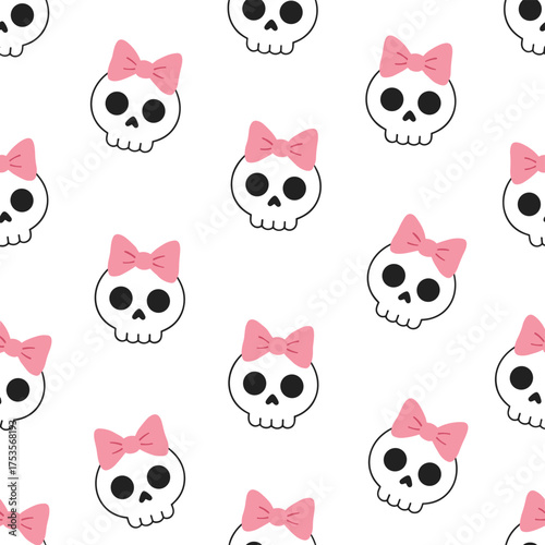 A seamless pattern featuring a skull and a pink bow, rendered as a vector illustration, perfect for a cute Halloween texture