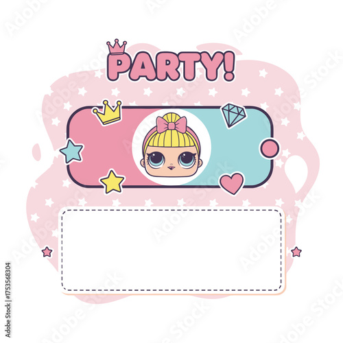 Light pink abstract background adorned with stars, featuring a cute design with tiny stars, a decorative banner in a Lol surprise doll girlish style, and an invitation card template