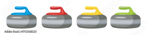 Four colorful curling stones with handles in blue, red, yellow, and green arranged in a straight line.