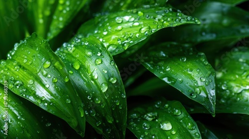 Close-up shot of vibrant green leaves adorned with sparkling water droplets, embodying freshness, nature's beauty, and the essence of rejuvenation and vitality.