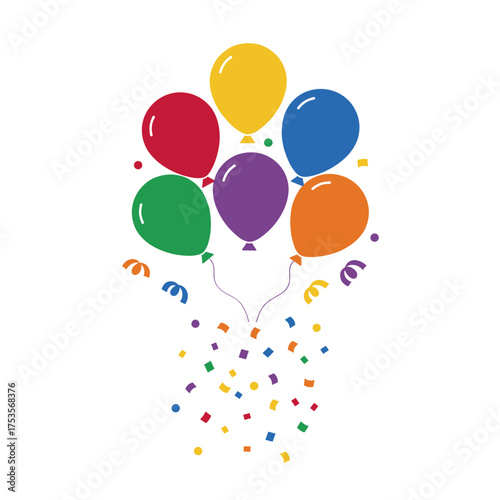 Bright, colorful helium balloons serve as a festive confetti-like decoration for birthday and anniversary celebrations, perfect for greeting card designs and party décor