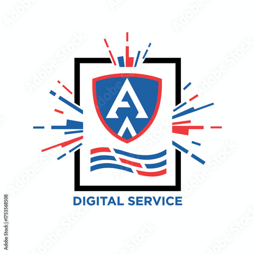 A futuristic blue and red vector poster card template featuring a black background, contrasting color border, and digital dynamic elegance for technology web services