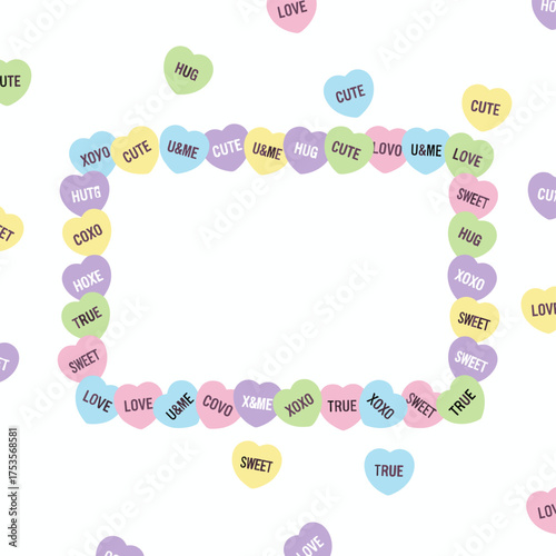 Frame sweet heart candy against a background of sweetheart candies, conversation sweets for Valentine's Day, valentine sugar food hearts, and a heart-shaped message letter candy