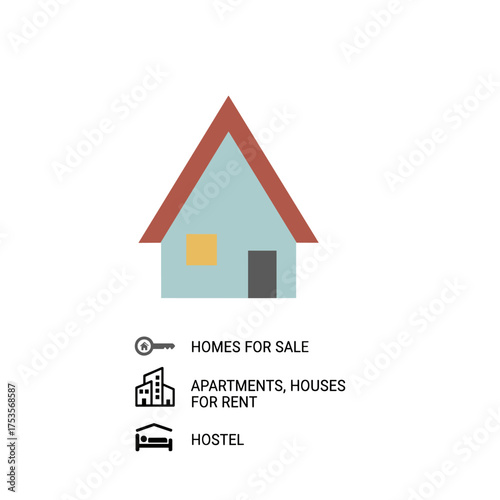 Tini House: a sign and symbol for realtors featuring homes for sale, apartments, and houses for rent; a Scandinavian house; a hostel icon sign logo design; a flat vector illustration; a house concept