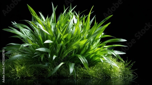 This vibrant image showcases a lush arrangement of green plants, emphasizing their leaves and textures against a dramatic black backdrop for a striking visual effect.